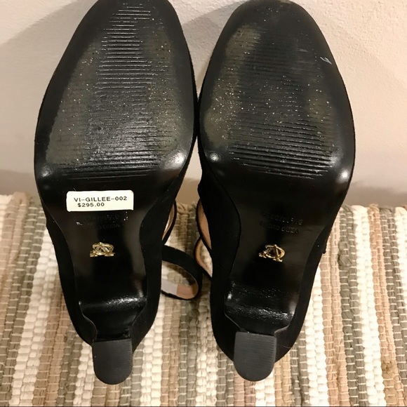 Vince Camuto ‘Gillee’ black suede and yellow metal Salome pumps. Size 6.5 M. EUC - Picture 11 of 13